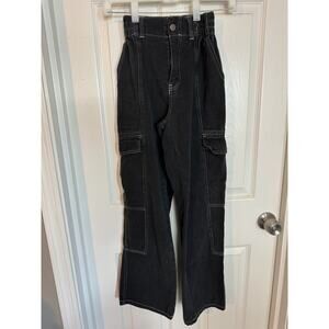Tillys RSQ Black Smock Waist Loose Cargo Pants Jeans White Stitching S